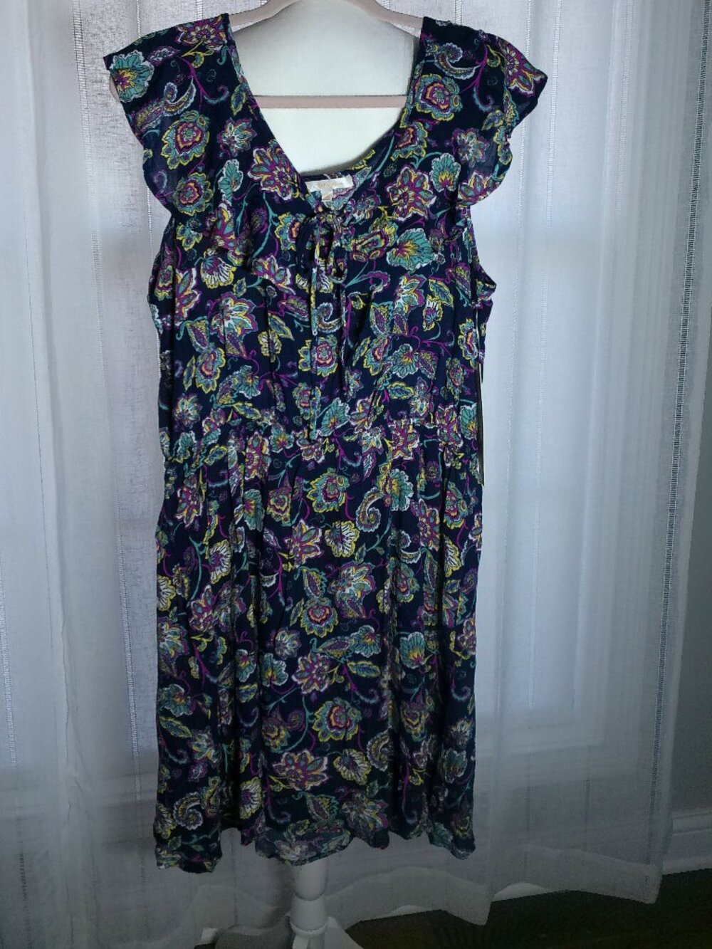 G COLLECTION NWT Short Flutter Slve V-Neck Tie Navy Blue Floral Dress 1XL